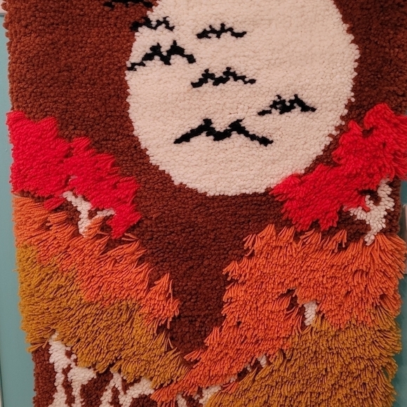 Mid Century Shag Rug Wall Hanging Hook Loop Woven Autumn Birds Moon/Sun 36x24 - Picture 8 of 13